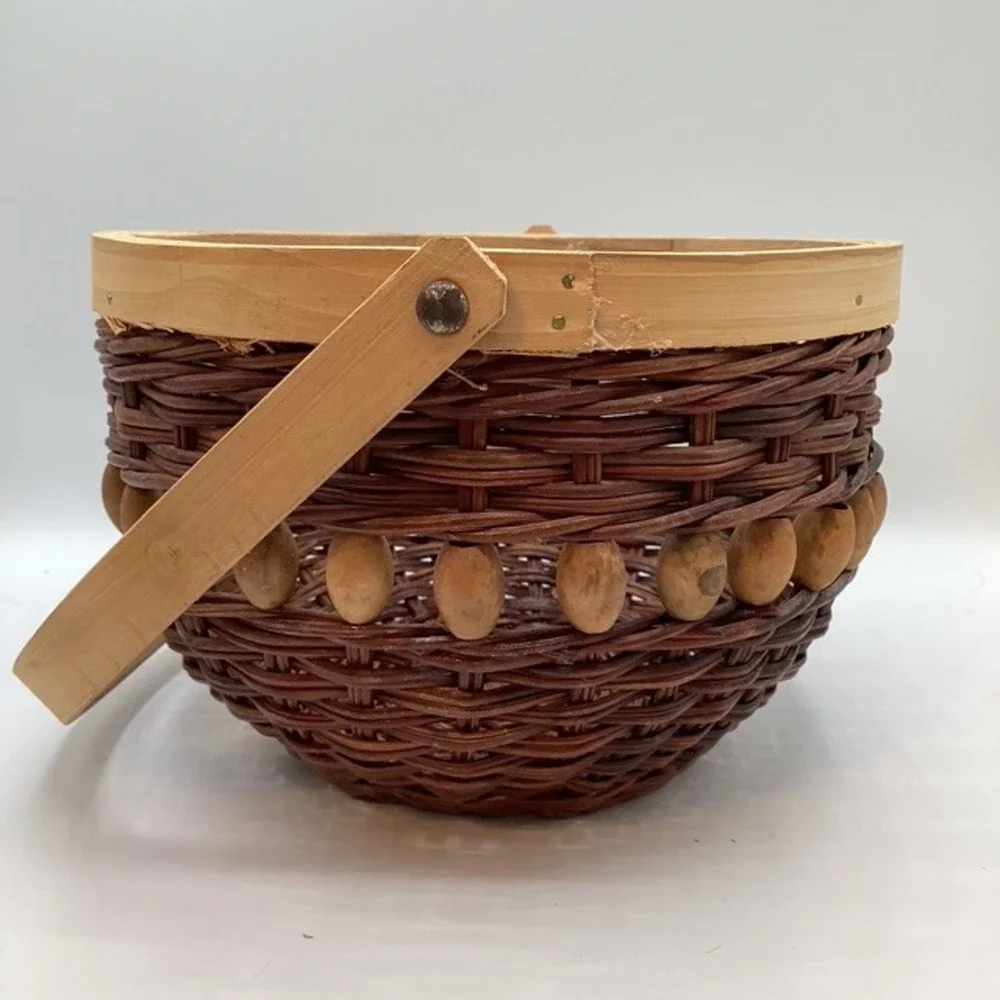 Rustic Wicker Basket Wood Handle Decorative Beads 6